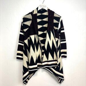 Rhapsody Cardigan Sweater Geometric Long Sleeve Black Purple White Open Knit S